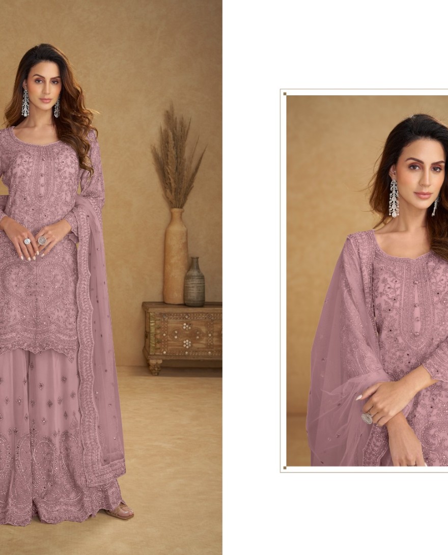 8113-B - Net Dusty Pink Embroidered Wedding Palazzo Suit